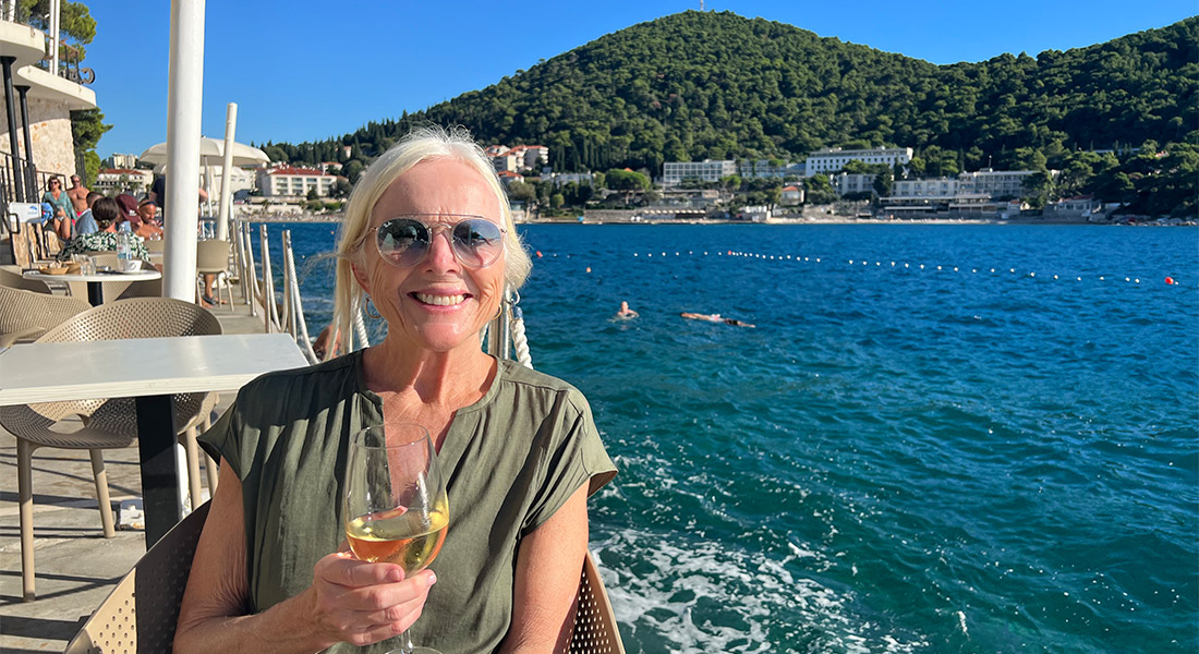 Sweeney with a glass of Pošip at Hotel More in Dubrovnik