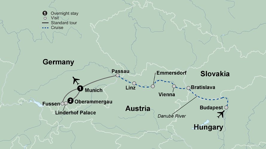Map Of Classic Danube with Oberammergau (10 Days, Alternative)